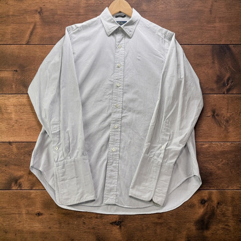 Sulka New York Pure Cotton Blue White Micro Grid French Cuff Dress Shirt 16 35